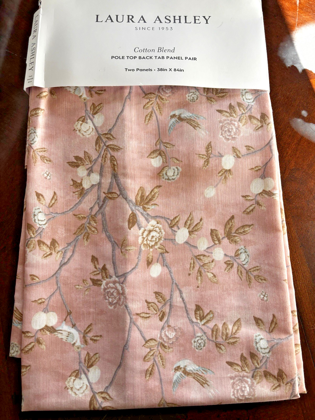 Laura Ashley Window Curtains 2 Panels 38 x 84 Birds Rose Pink Brown Back Tab New