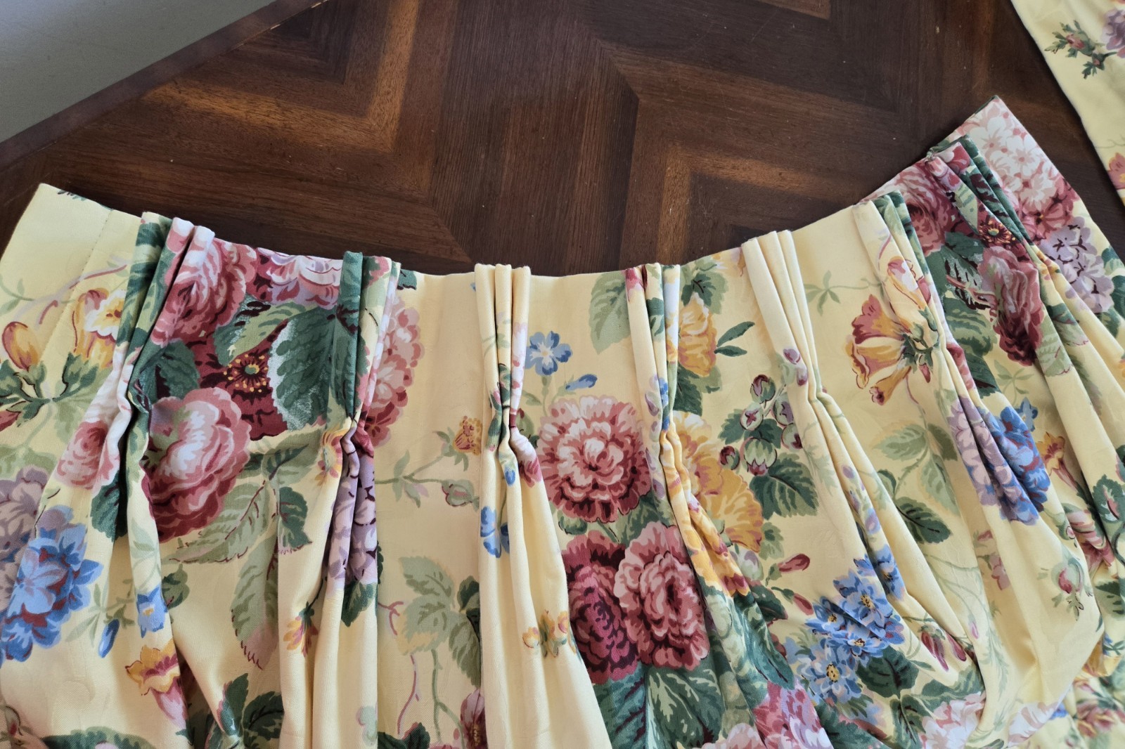2 Custom English Country Cottage Rose Yellow Multi Pinch Pleat Drapes W30xL86