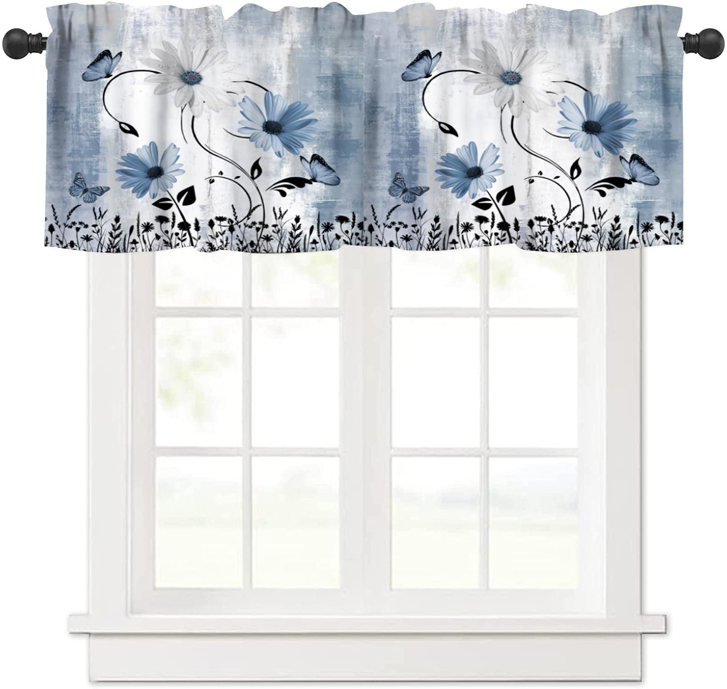 Blue White Daisy Kitchen Valance Curtains Farmhouse Modern Flower Retro Flora…