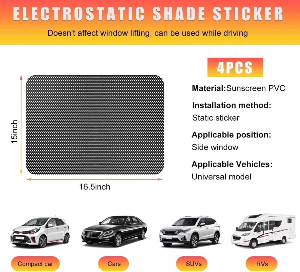 Ohleats 4 PCS Car Side Window Sunshade 16.5×15 Static Cling UV Protection