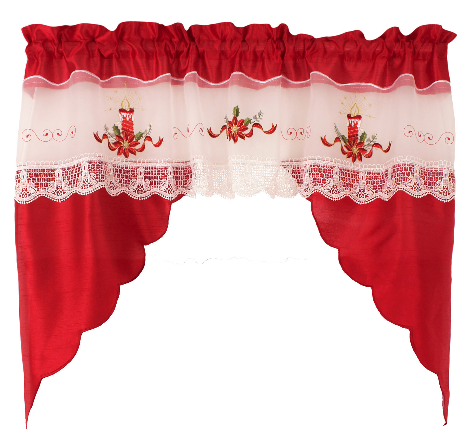 3-Piece Decorative Christmas Embroidered Holiday Candle macrame Kitchen Curtain