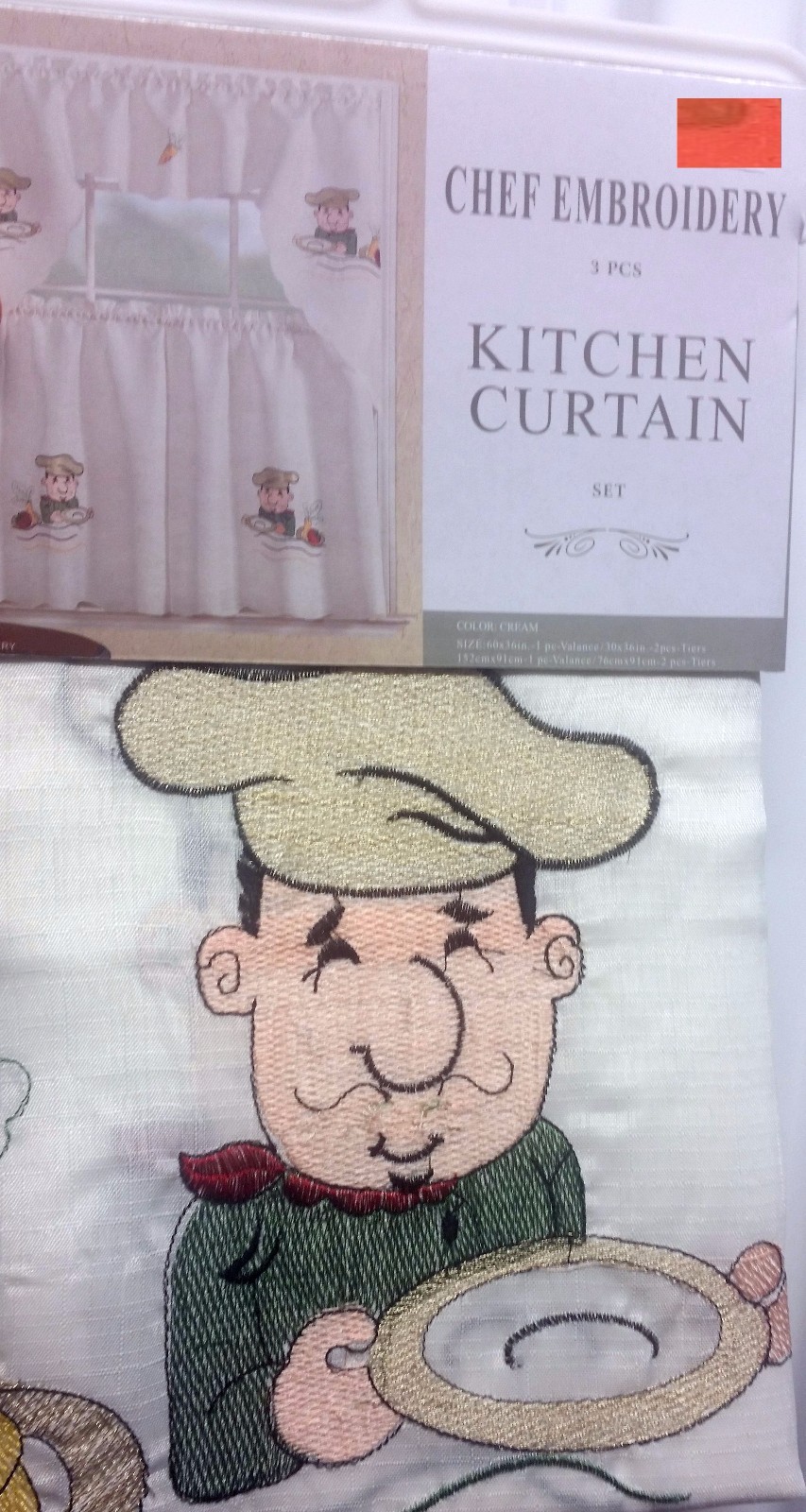 3 pc. Embroidery Curtains Set: 2 Tiers & Swag, FAT CHEF W/ SOUP PLATE, Mys