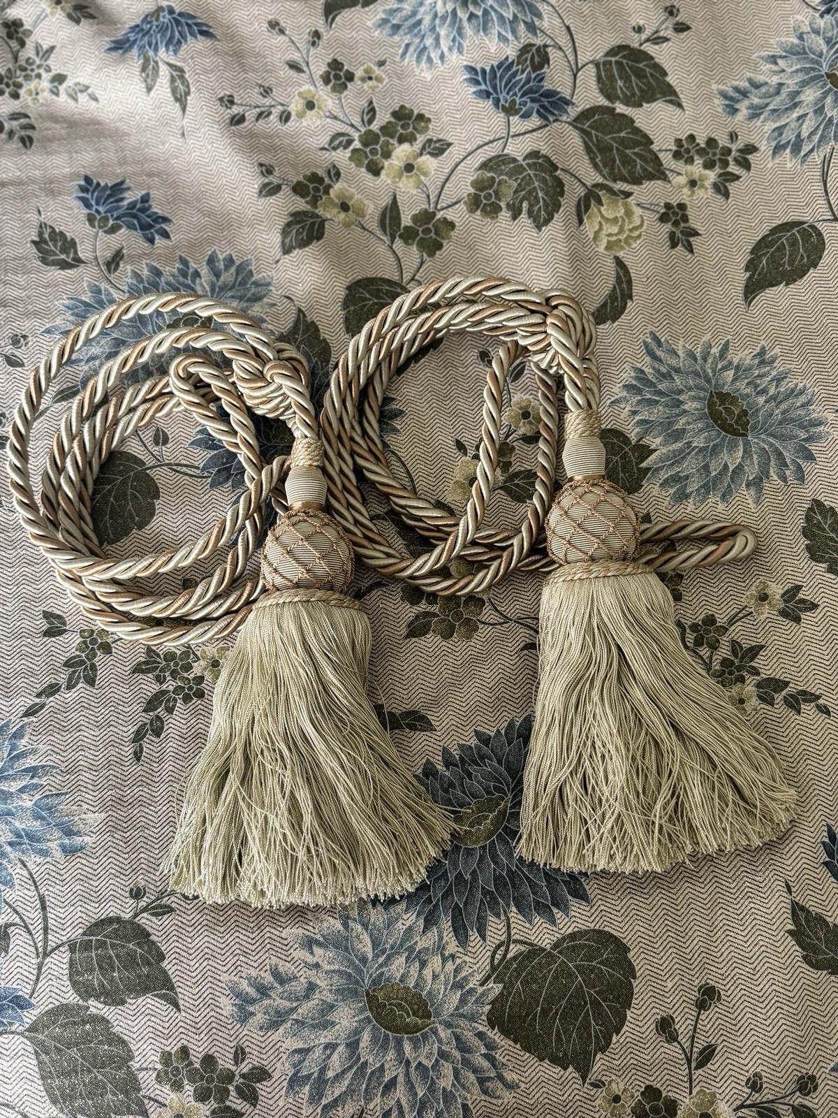 French Curtain Tassel Tiebacks A Pair Designer Gold Ivory Light Green