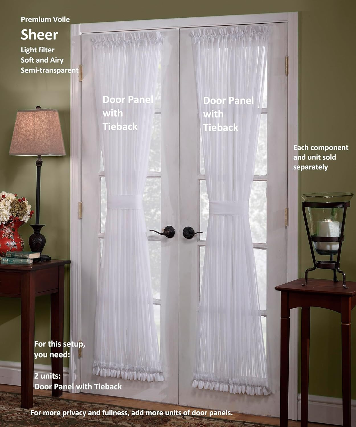 , Emelia Door Panel Sheer 40″, White, 41″ W X 40″ L, with Tieback