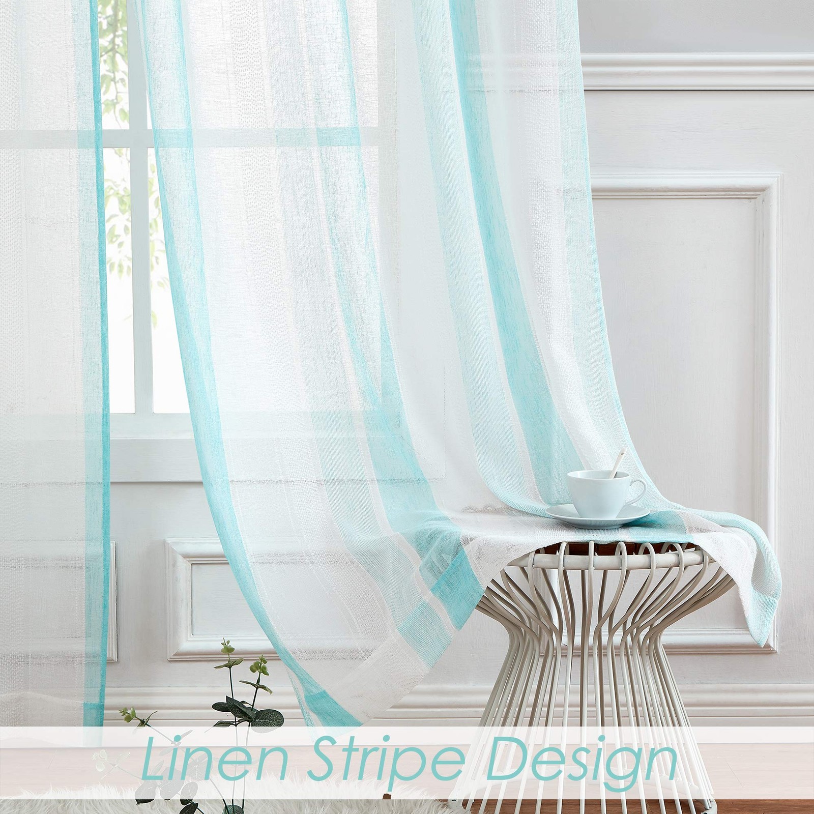 Sheer Spa Blue and White Stripe Farmhouse Curtains Boucle Linen Window Curtai…