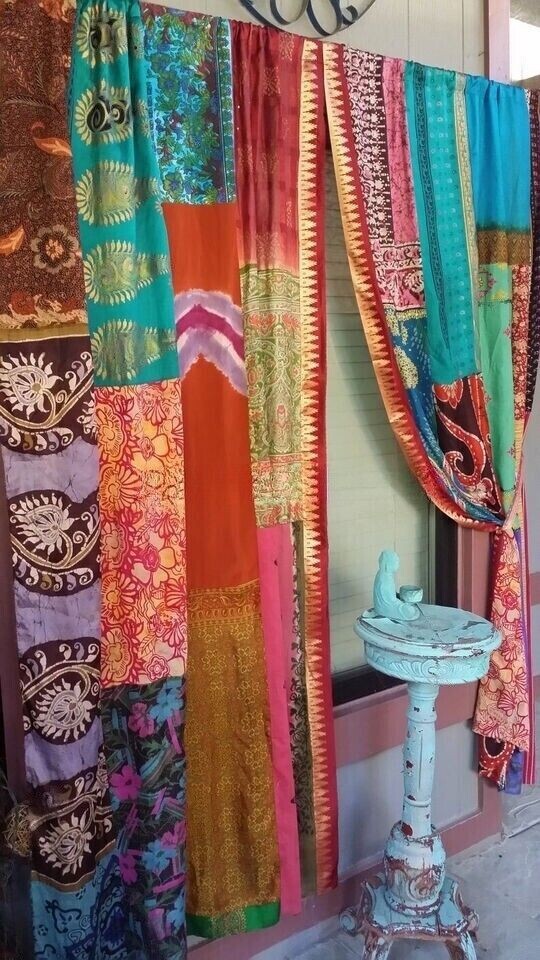 2Pc Indian Sari Patchwork Curtain Drape Window Decor Multi Silk Sari Curtain