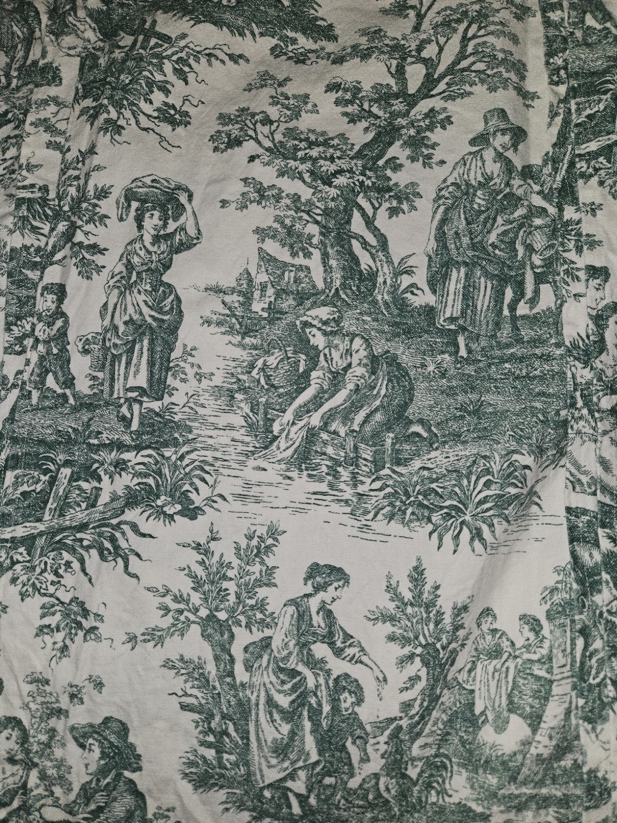 Lot Of 3 Handmade Green French Pastoral Toile Tab Top Curtains Unlined 52″X 60″