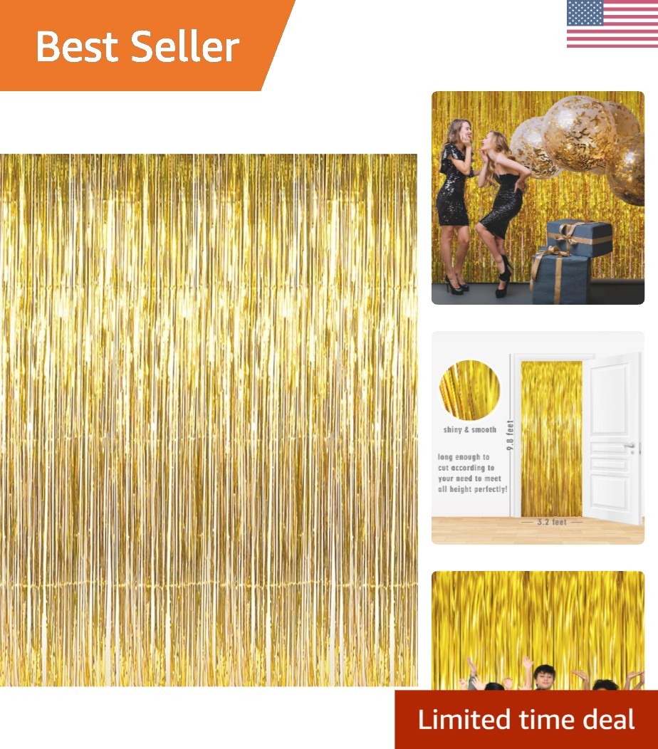 Instant Glam: Gold Metallic Fringe Curtain 3.2ft x 9.8ft for Birthday & Weddings