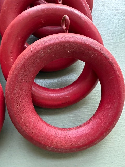 21 Large Vintage Red Wooden Curtain Drapery Hanging Rod Rings w/Eye Screw