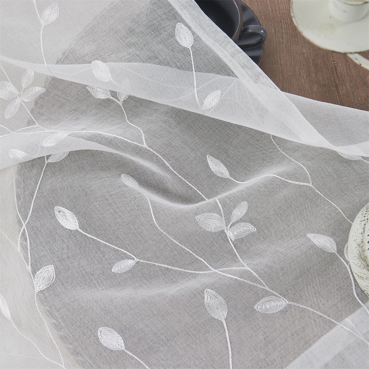2 Panels Leaf Embroidered Sheer Curtains, Voile Rod Pocket Textured Drapes