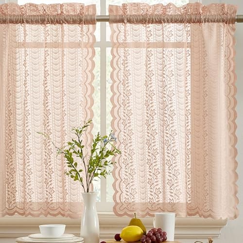 Sophia Floral Rod Pocket Lace Semi Sheer 28″W x 24″L (Pack of 2) Blush Pink