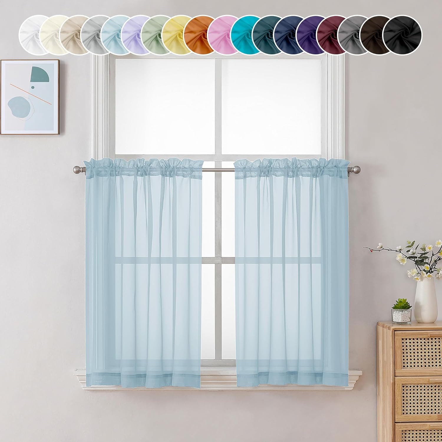 Sheer Sky Blue Tier Curtains 24 Inch Length, Small Window Curtains Treatment for