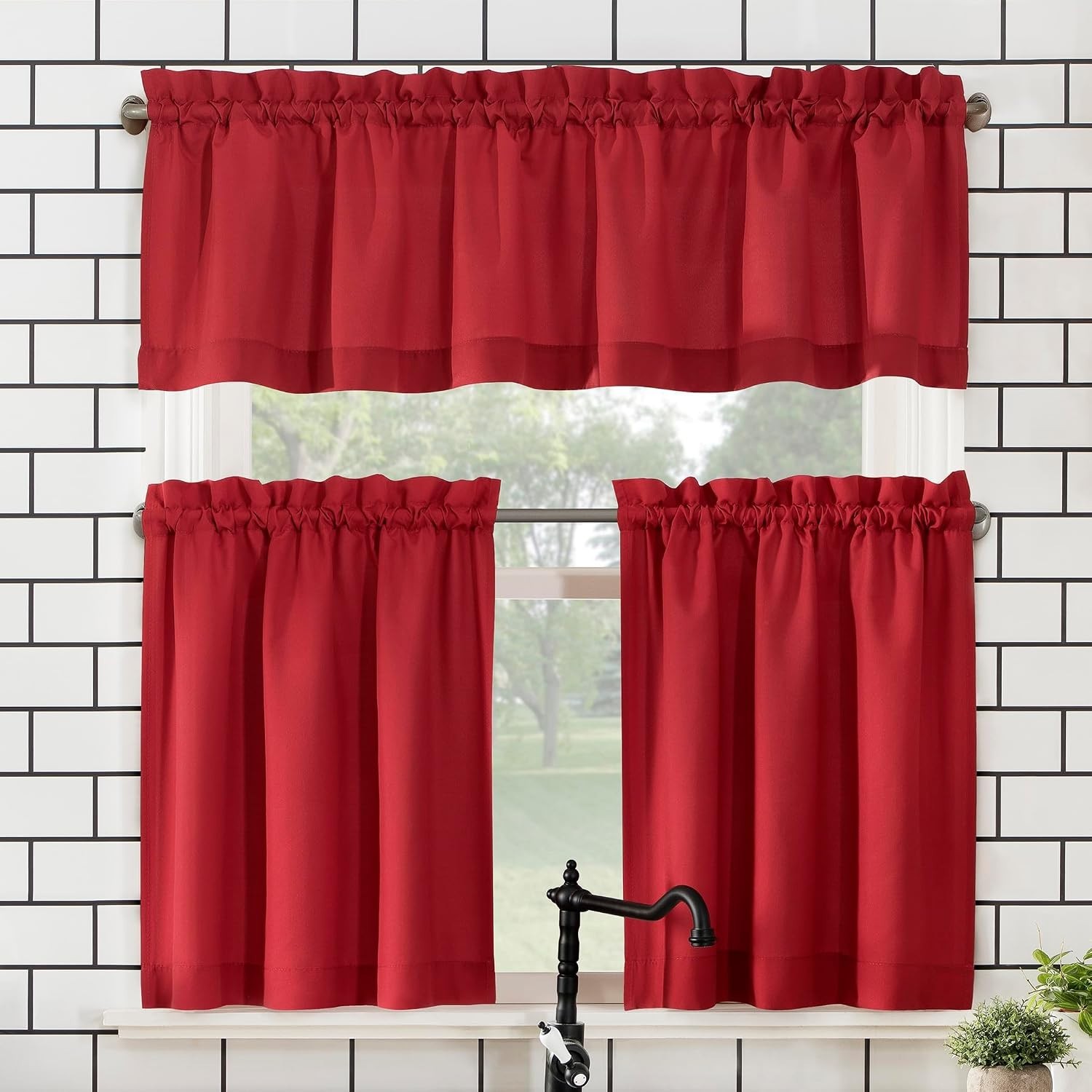 Elegant Red Microfiber Semi-Sheer Rod Pocket Kitchen Curtain Set – 54″ x 24″