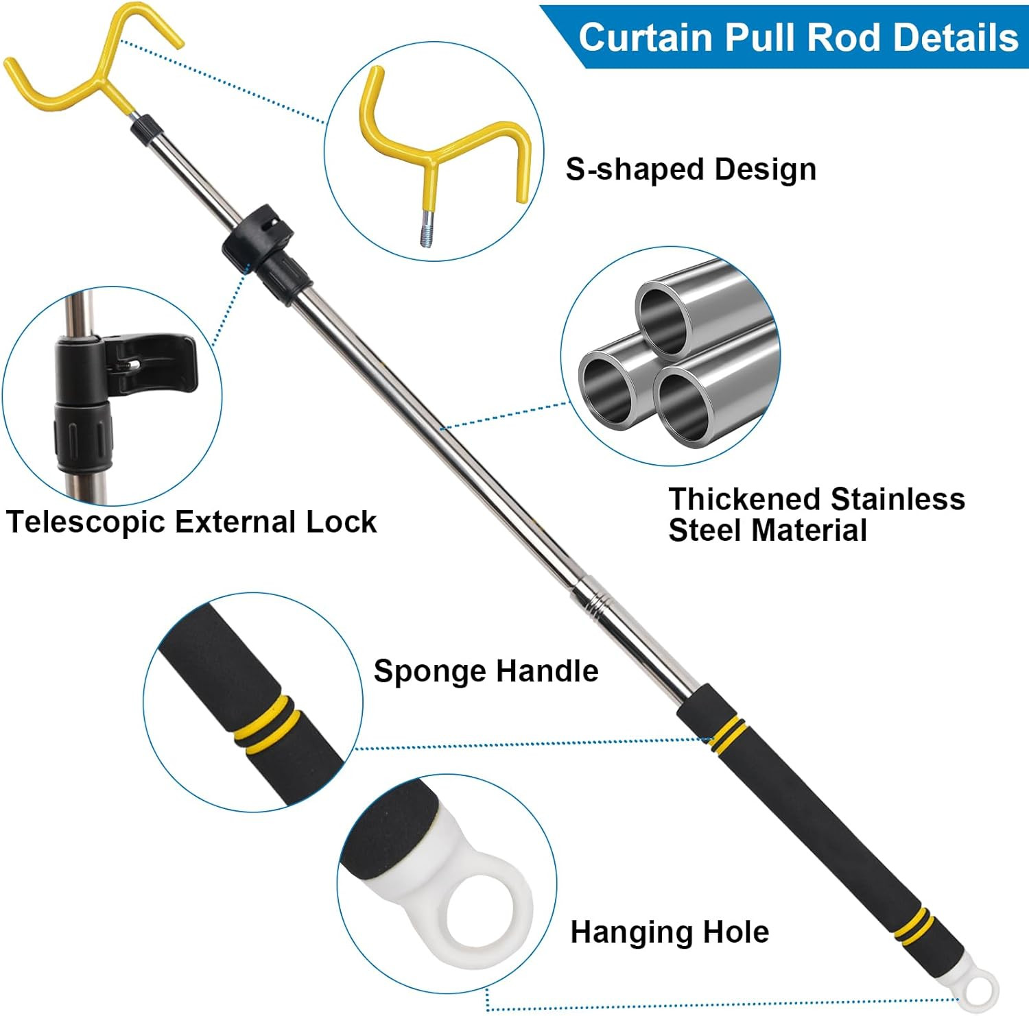 Drapery Pull Rod, Curtain Pull Rod for Curtains Drapes Telescopic Adjustable 36″
