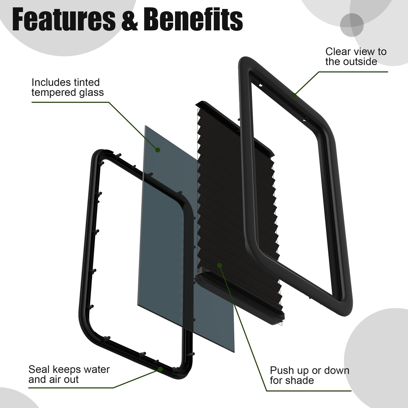RV Entry Door Window with Low-Profile Shade 12 W x 21 H – Black