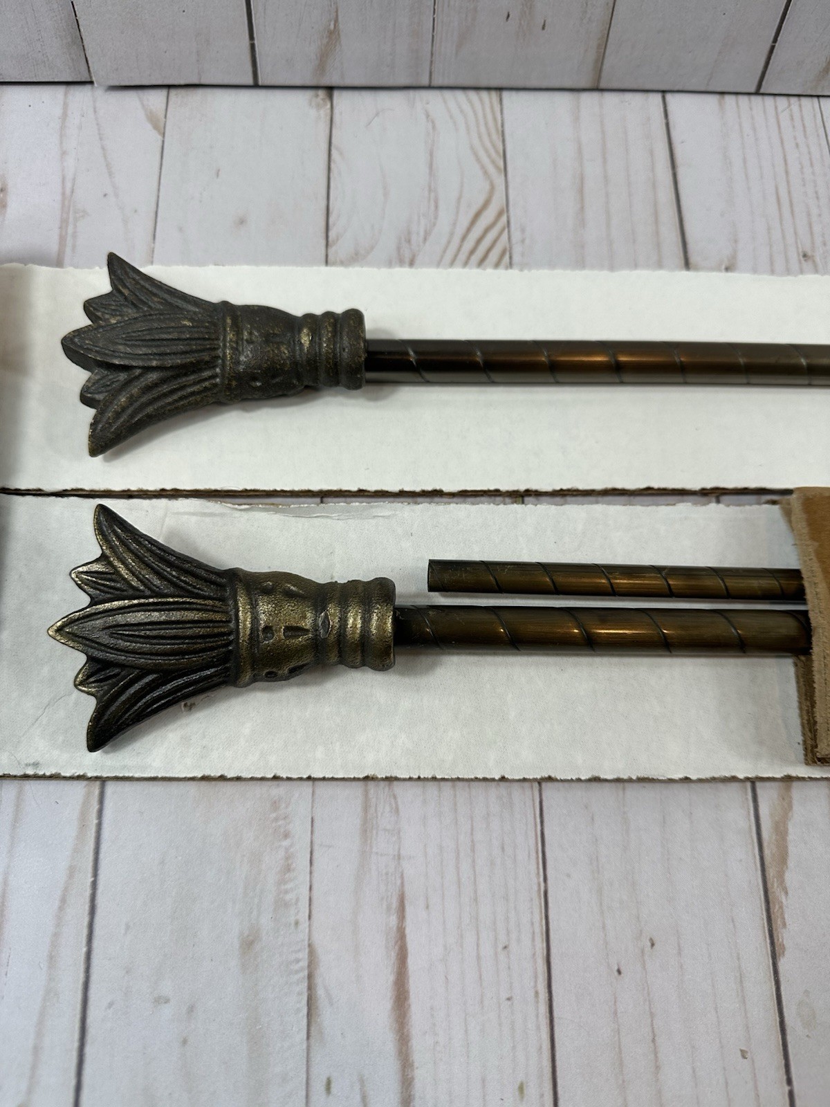 2 Design Toscano Curtain Rods, Aged Brass, Lotus Finials, New Open Box
