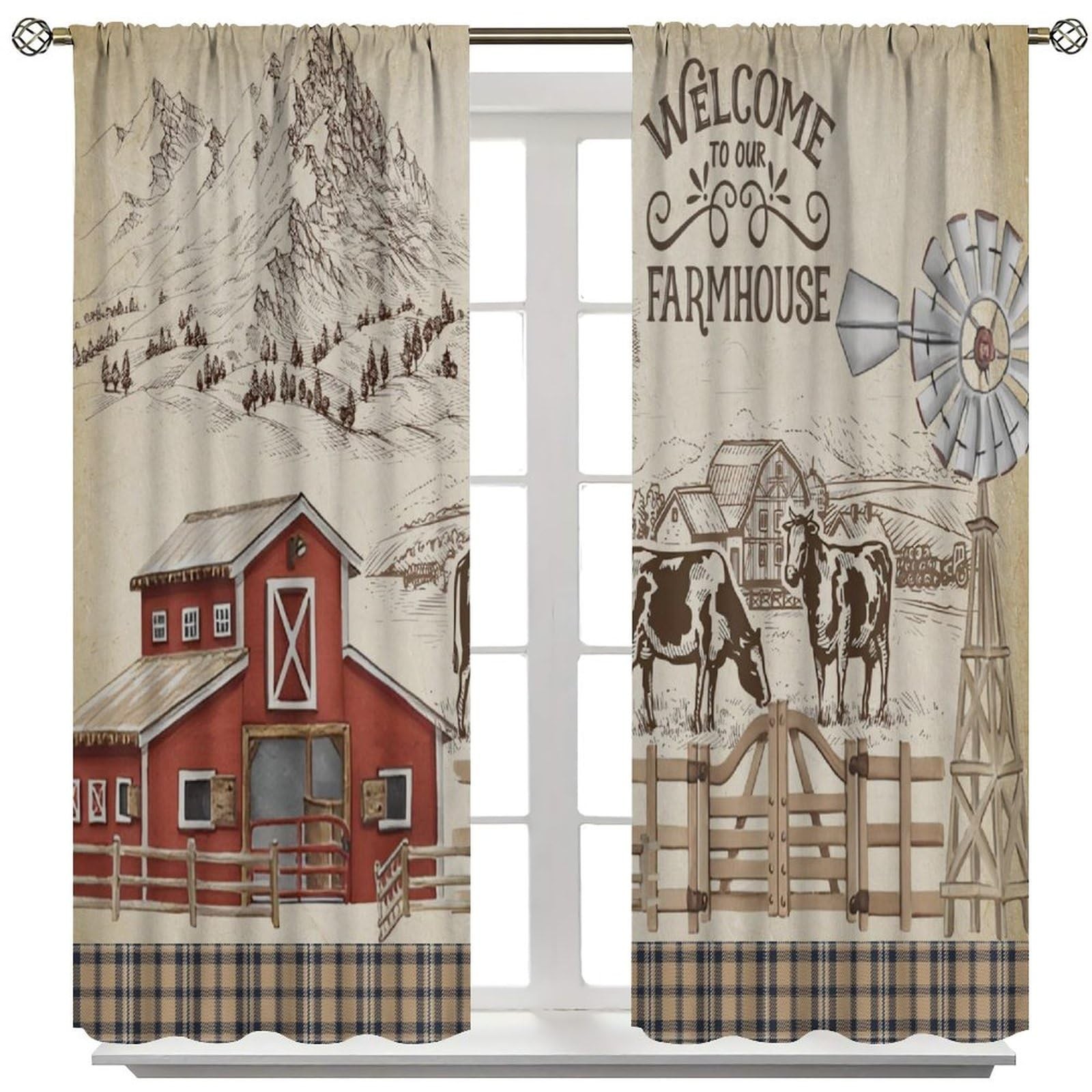 Rustic Farm Curtains, Vintage Farmhouse Cow Barn Windmill Checked Pattern Pri…