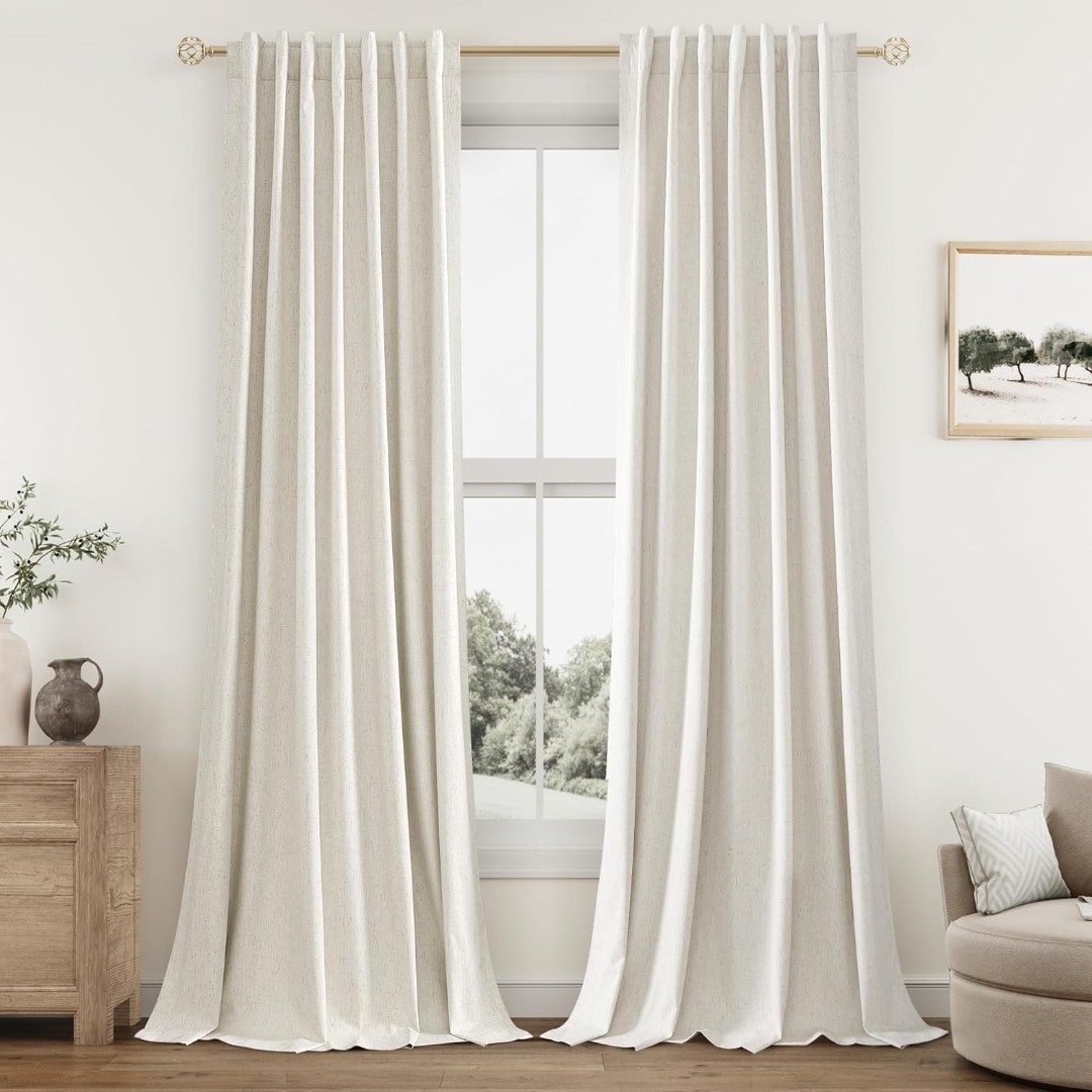 100% Blackout Linen Curtains for Bedroom 90 52″W x 92″L (Pack of 2) Cream