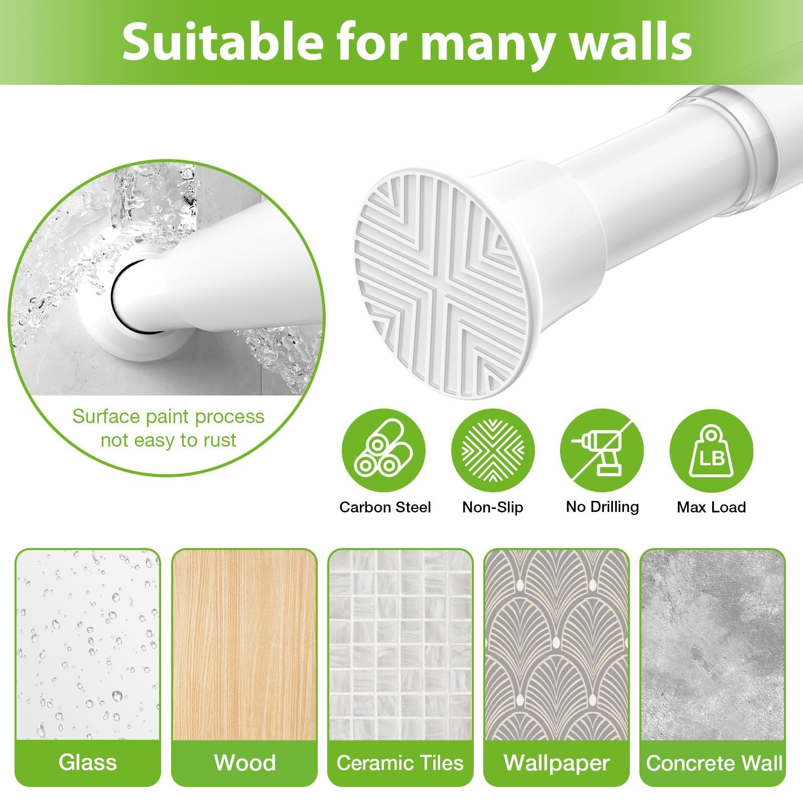 Adjustable Spring Tension Curtain Rod 31-76 Inch – No Drill, White, 7/8″ Diamete