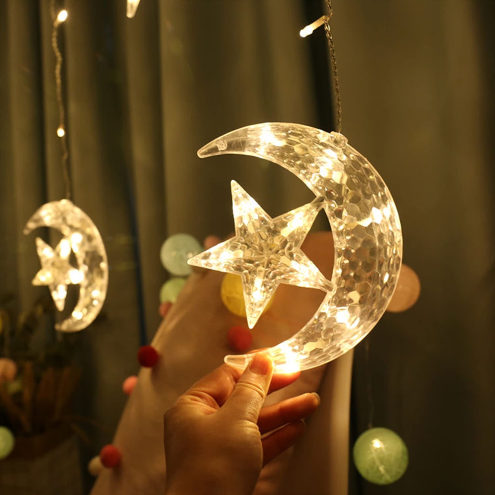 138 LED Star Moon Curtain String Light USB Remote 8 Mode Warm White Decor