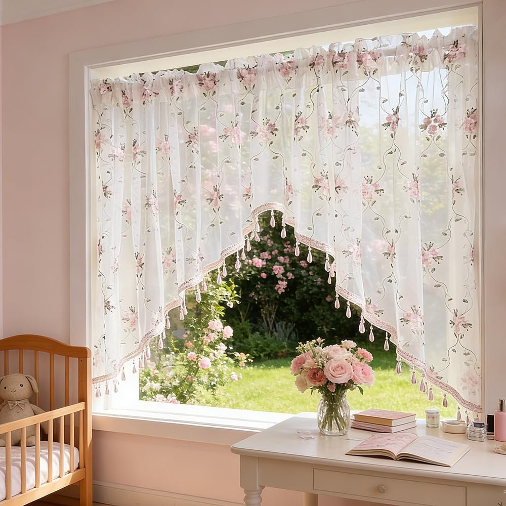1PC Victorian Style Floral Sheer Swag Curtain Valance for Arched Door,Pink Embro