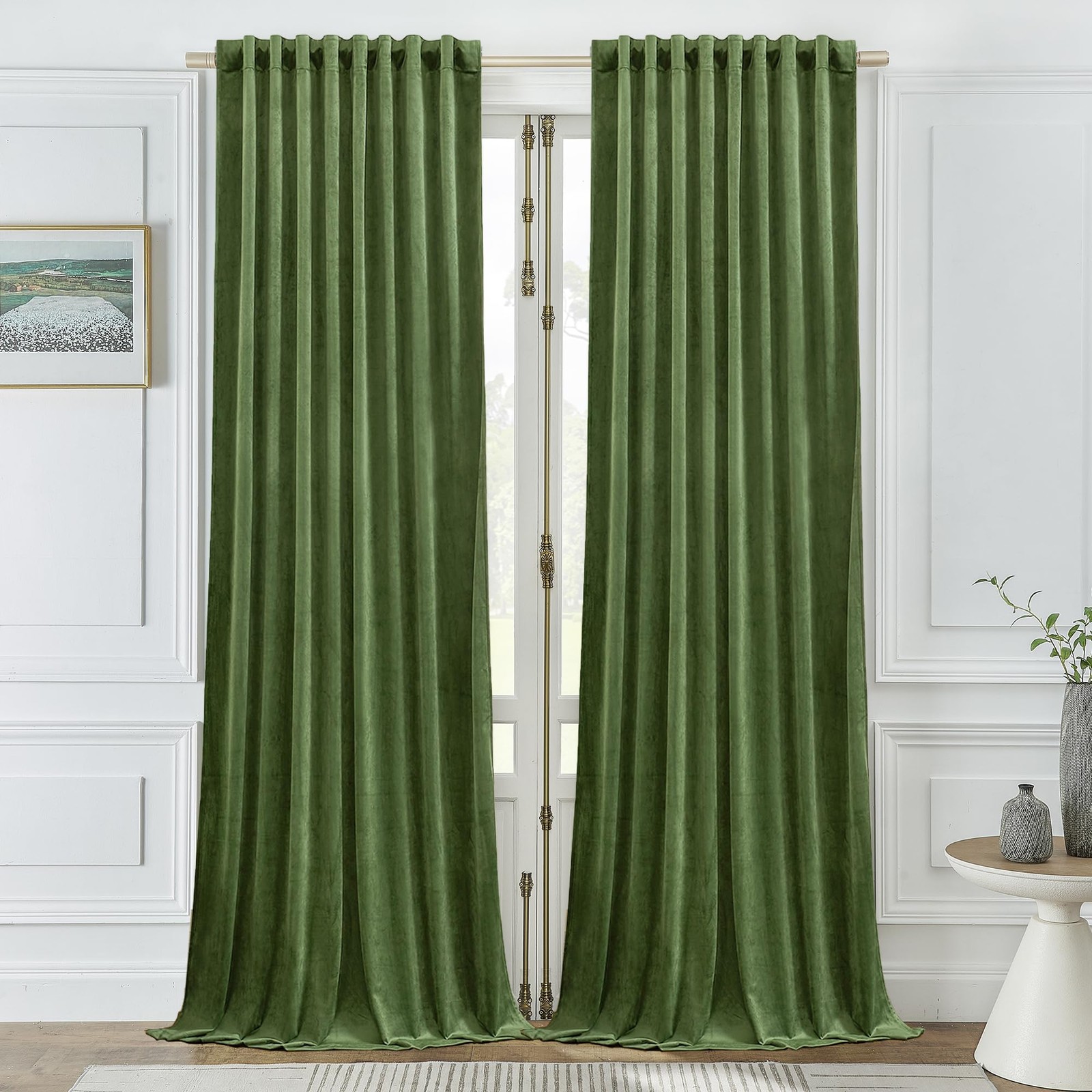 Timeper Moss Green Velvet Curtains – Room Darkening Curtain Panels Back Tab