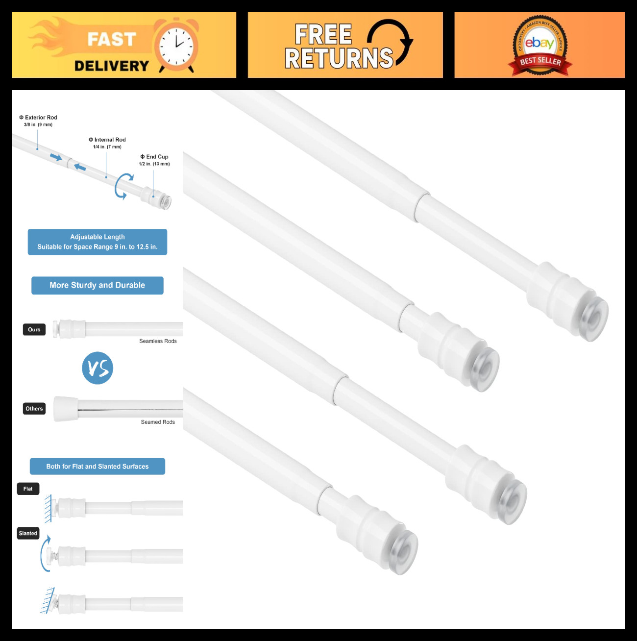 4Pcs Adjustable Tension Curtain Rods 9-12.5″ No Drill, Mini Spring Rods, White