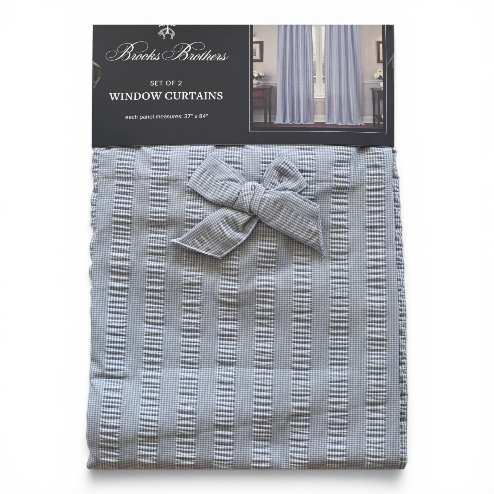 Brooks Brothers Set of 2 Blue Bow Top Gingham Ribbon Curtains 37×84 Window Panel