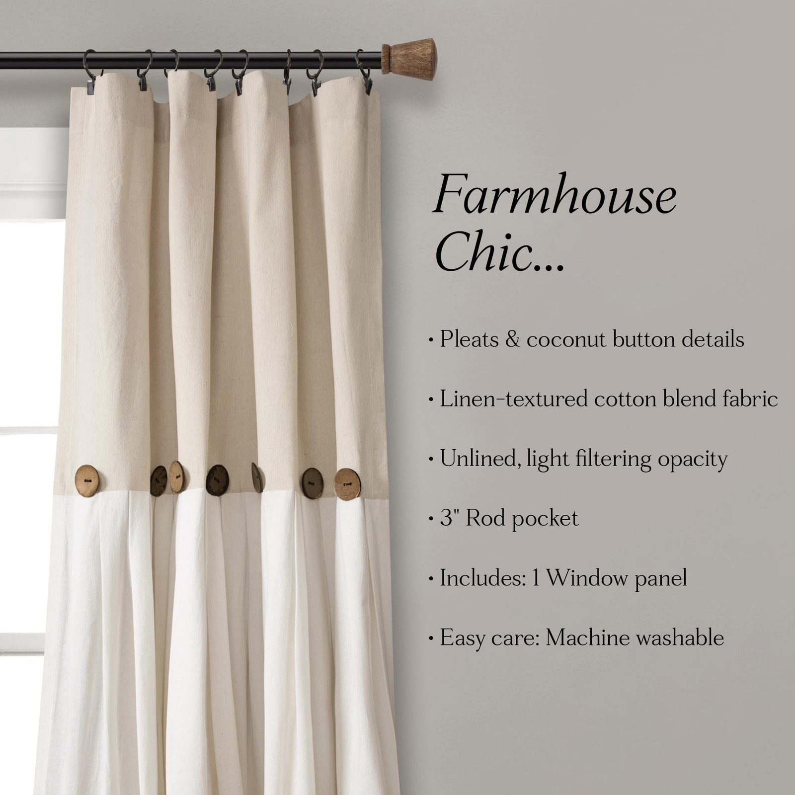 Lush Decor Linen Button Window Curtain Panel, Single, 40 W x 45 L, Linen – Count