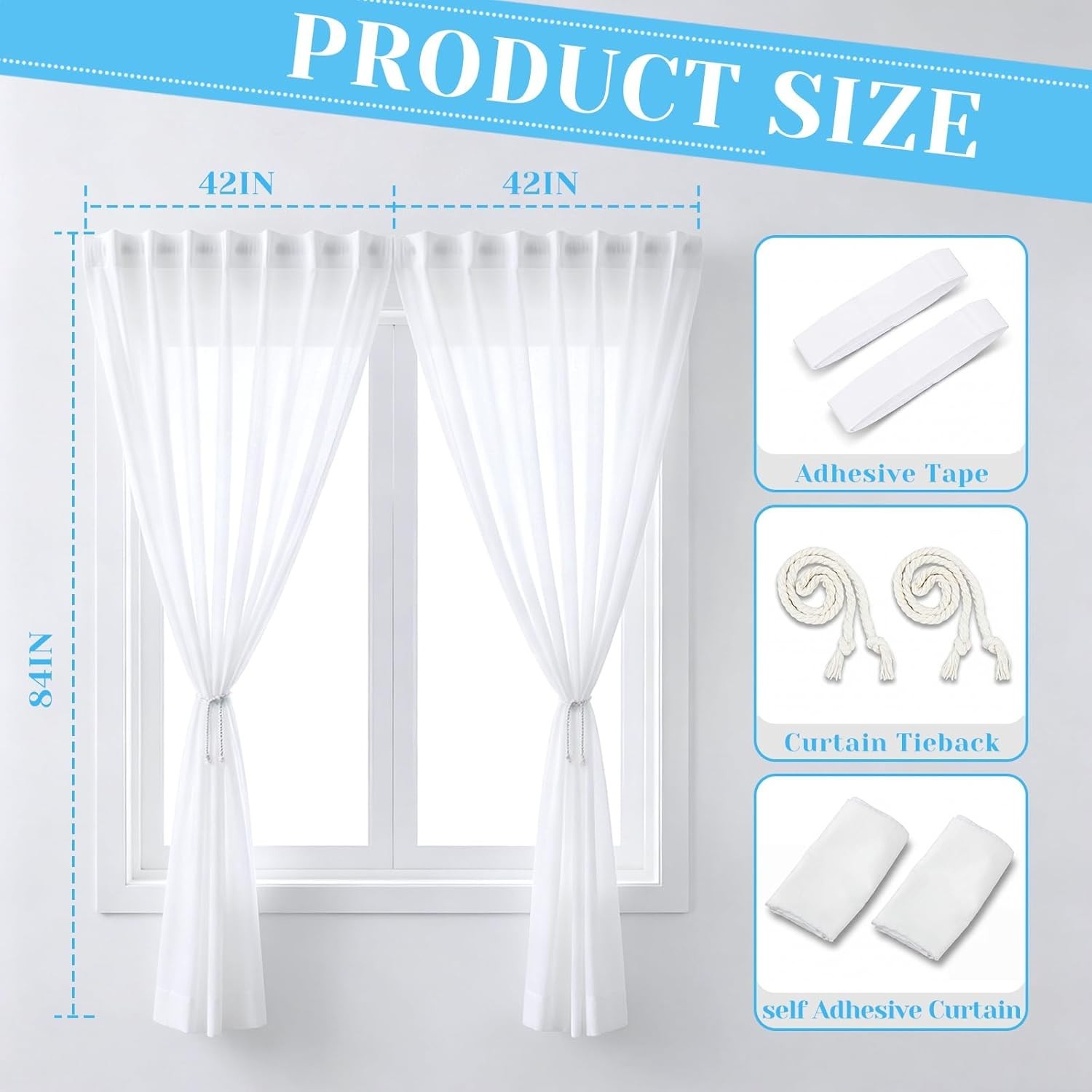 2 Panels Self-Adhesive White Sheer Curtain for Windows, 42″ W x 84″ L,No Dril…