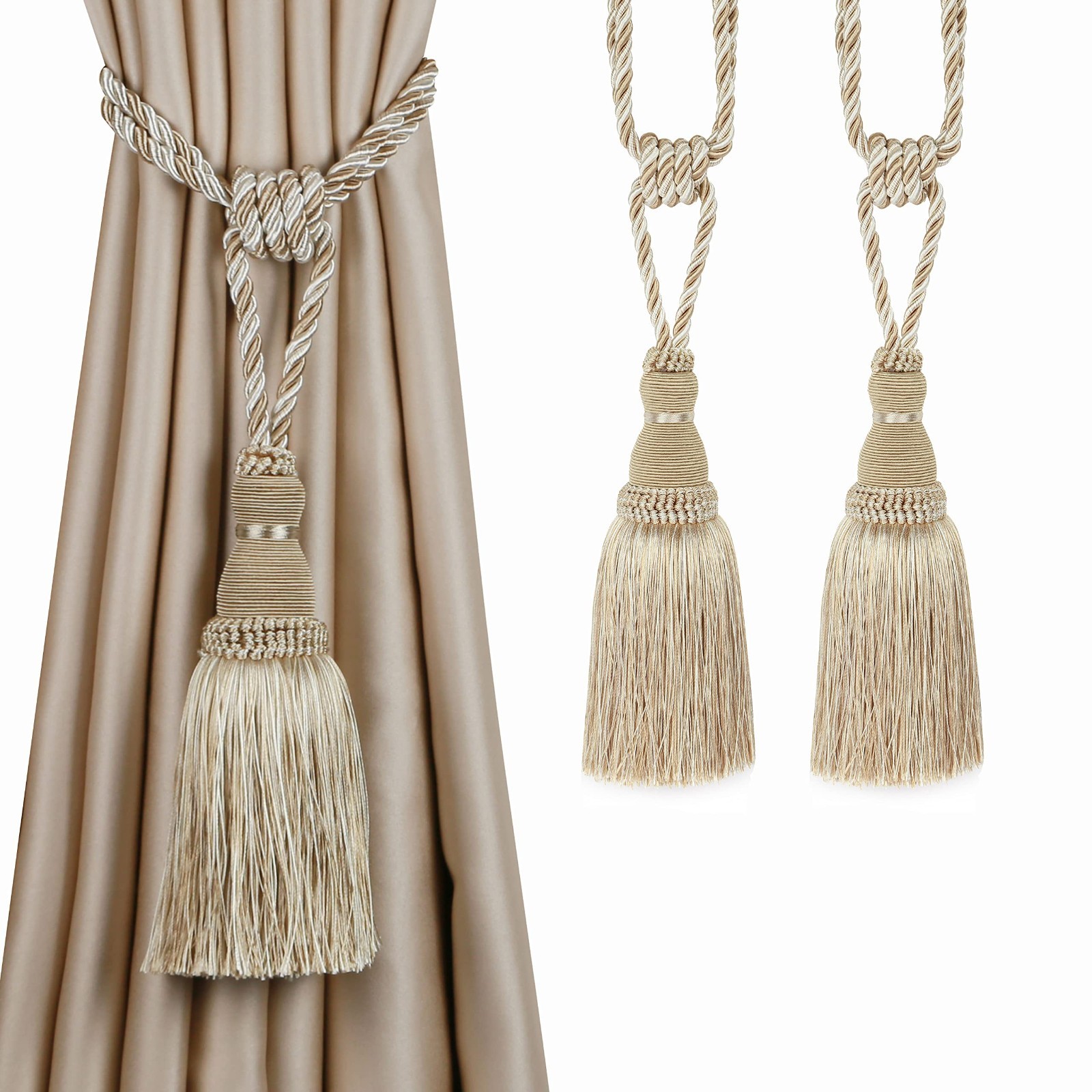 2 Pack Handmade Tassel Curtain Tiebacks – Decorative Rope Drapery Holdbacks (Bei