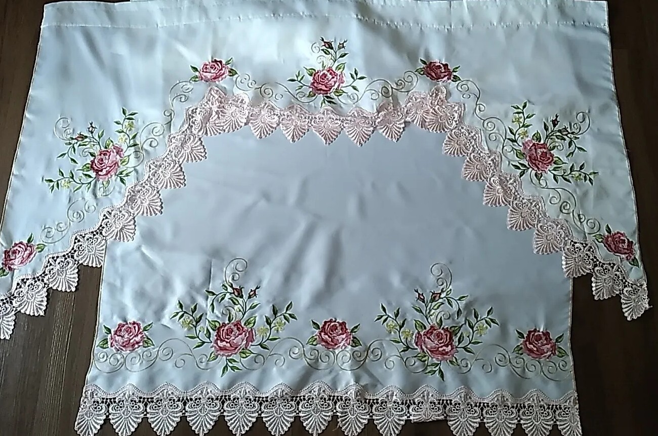 (2) Elegant White Drapes Curtains w/Embroidery Burgandy Roses & Pink Lace 84×88