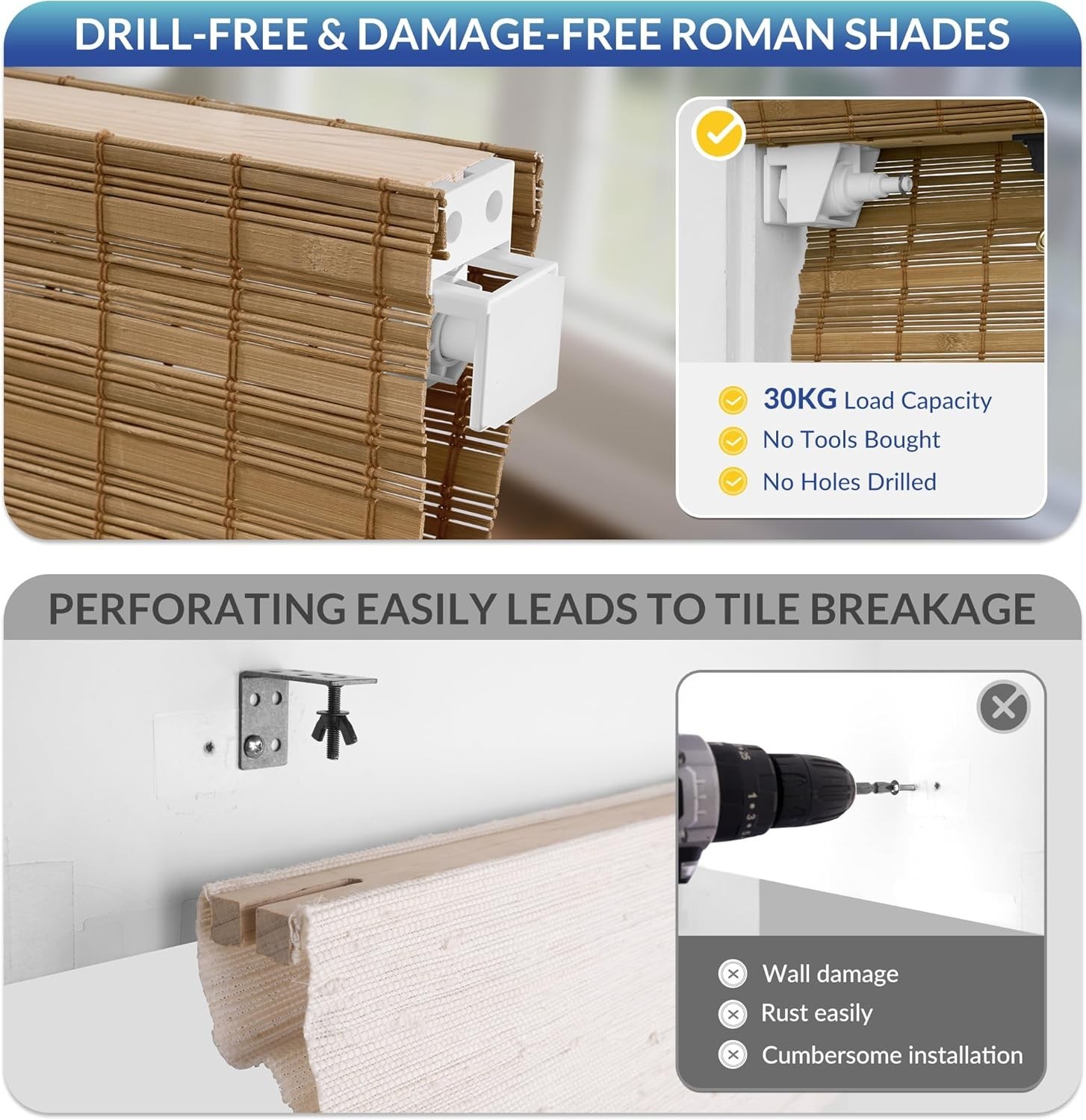 No Drill No Tools Bamboo Roman Shades, Cordless Light Filtering Window Blinds…