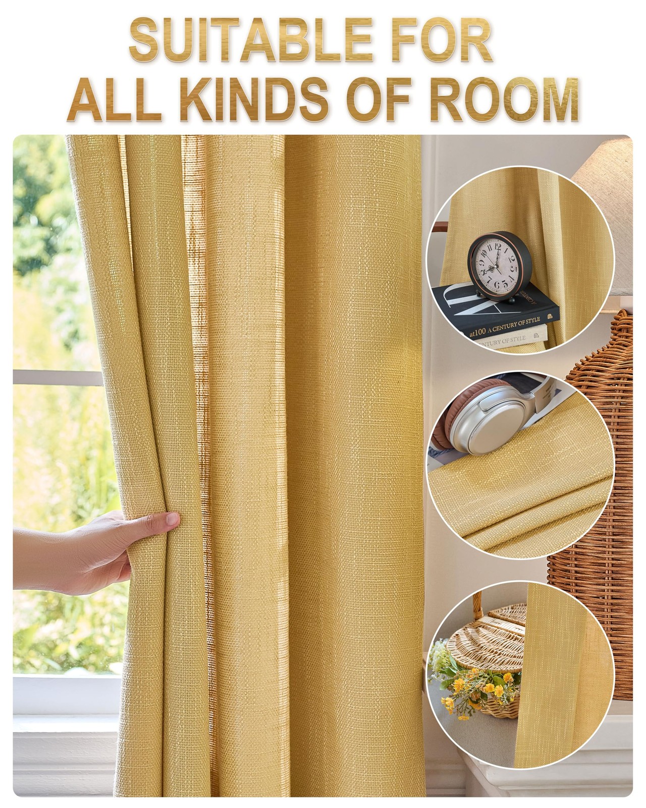 Misstiam Mustard Yellow Linen Window Curtain Panels Grommets 52 Inches Width 96