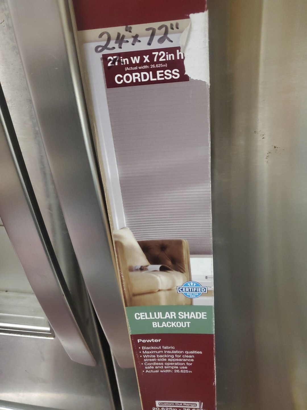 CUT To 24″ x 72″ Home Decorators Pewter Cordless Blackout Cellular Shade