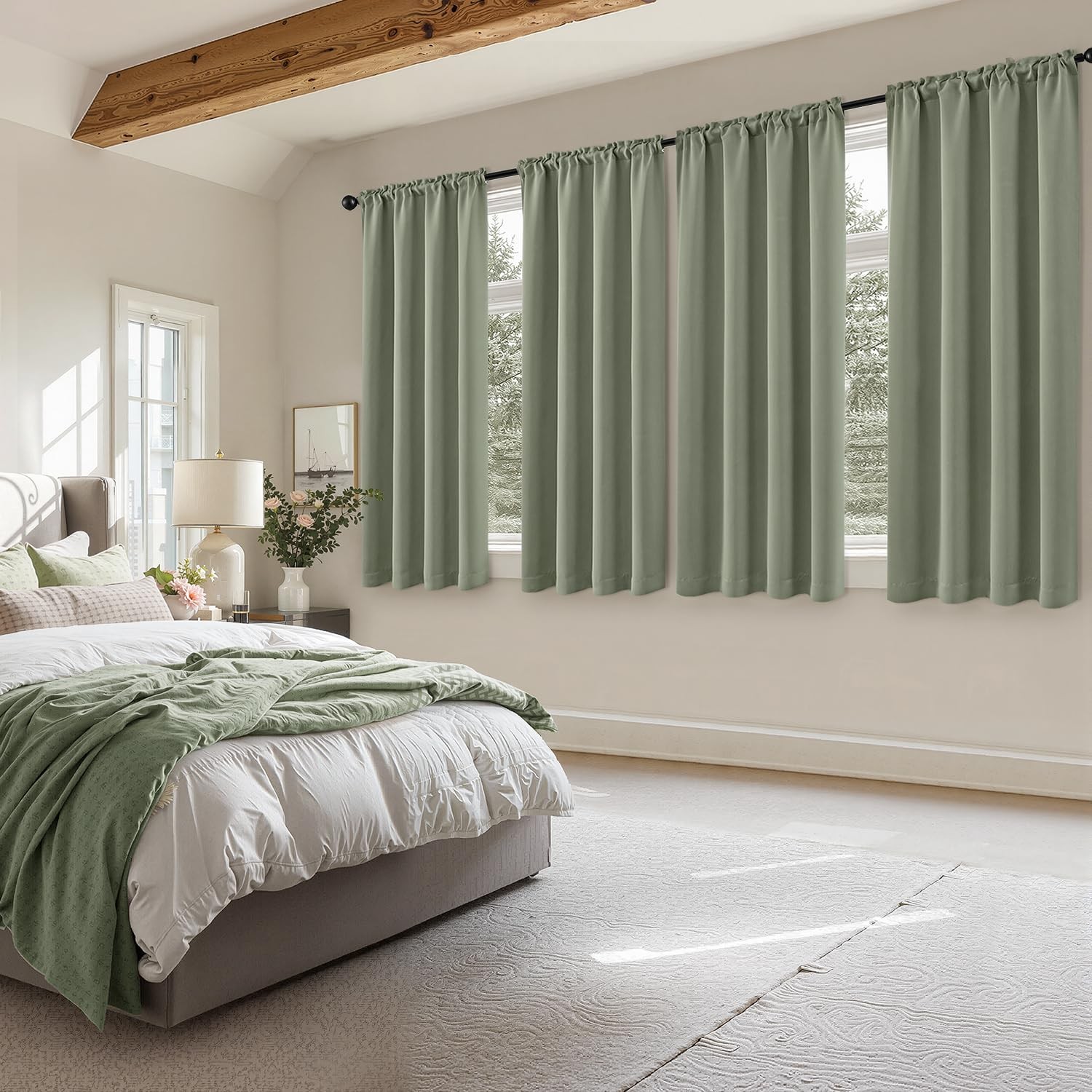 Blackout Curtains 4 Panels Sets Sage Green 63 Inch Length, Top and Bottom Rod…
