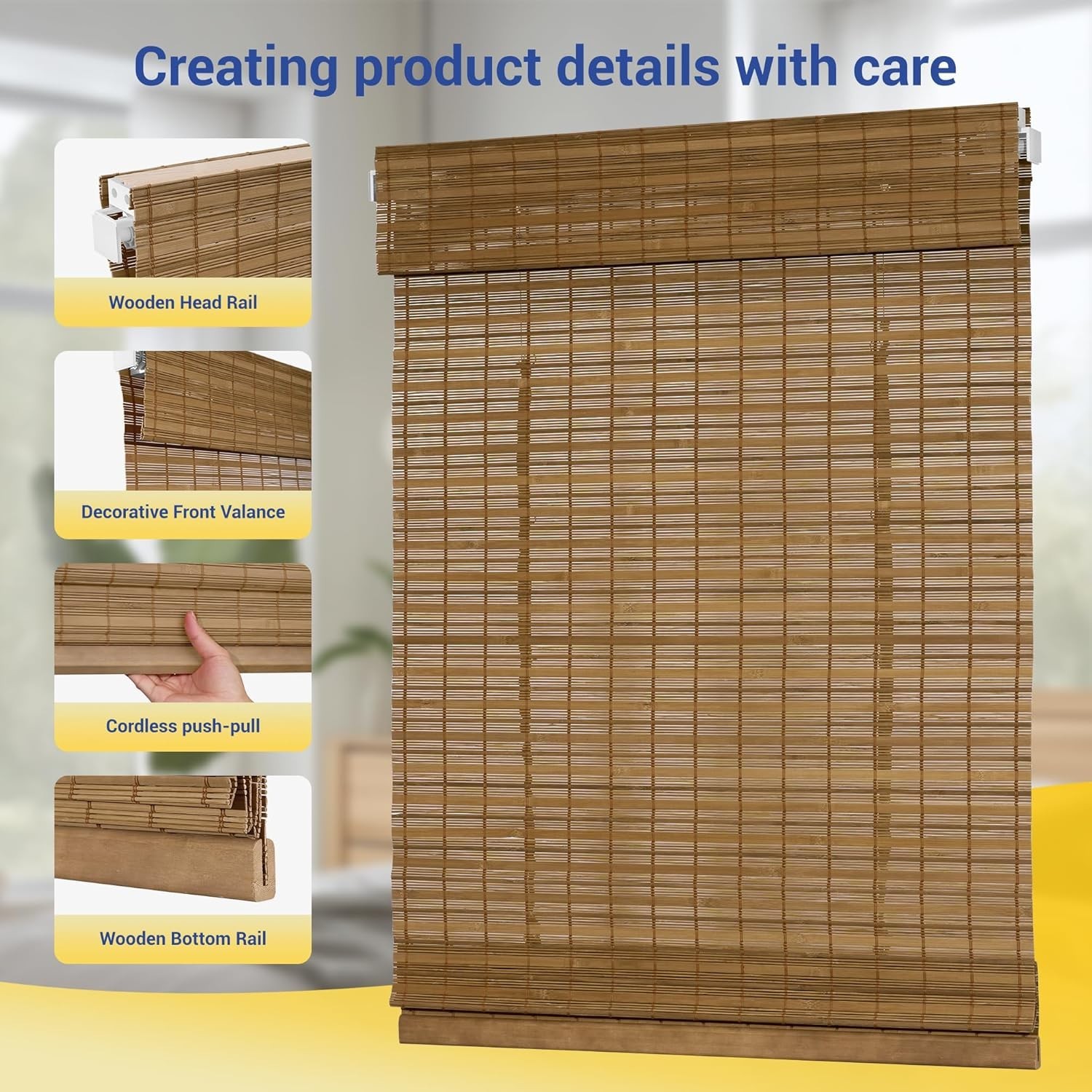 No Drill No Tools Bamboo Roman Shades, Cordless Light Filtering Window Blinds…