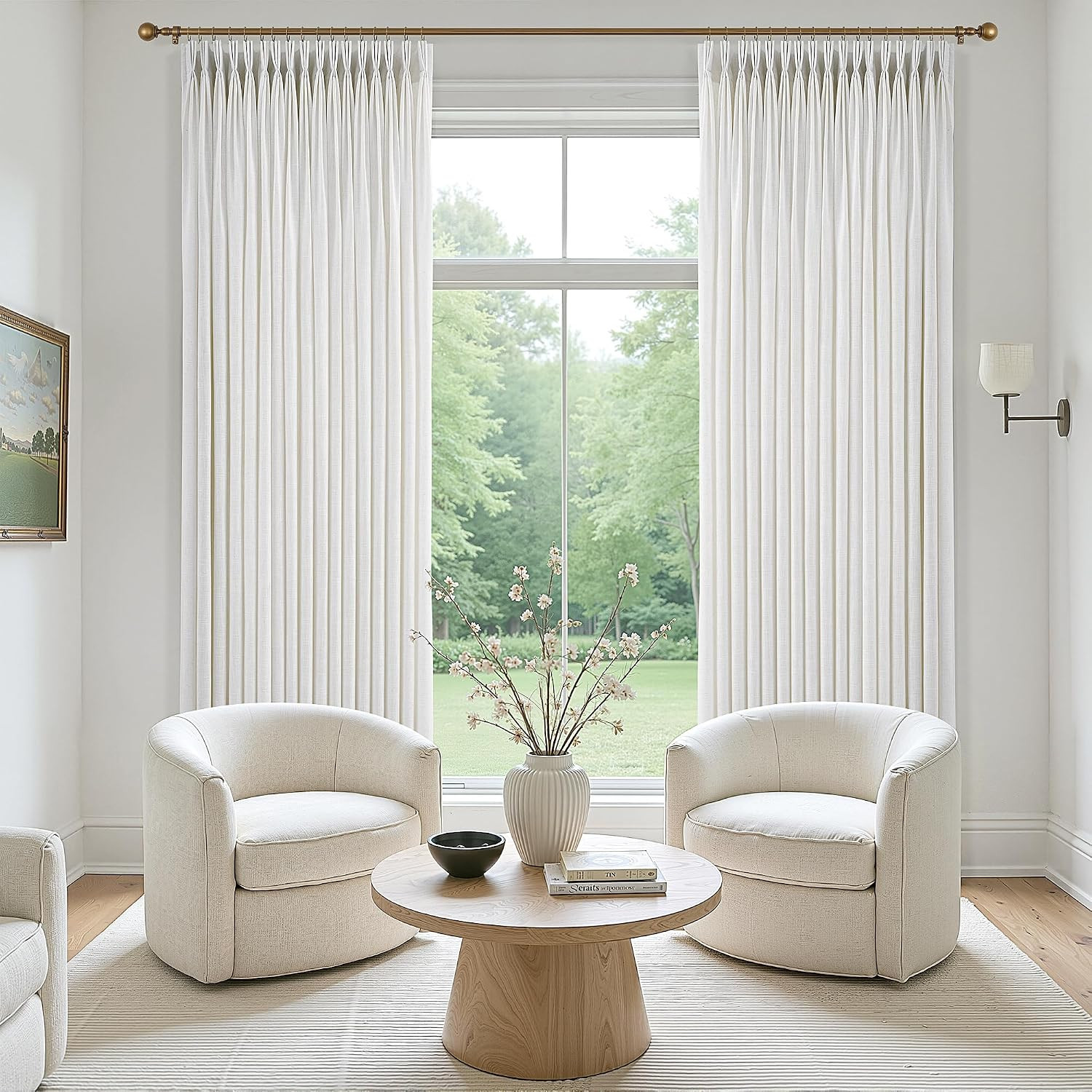 Triple Pinch Pleated Curtains for Living Room 90 Inch Linen Curtains 2 Panels Se