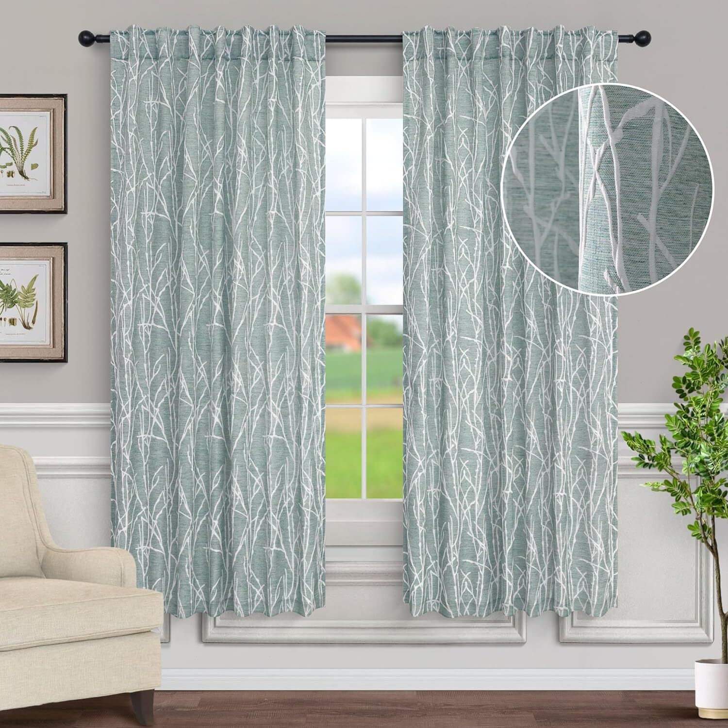 84″ Linen Textured Curtains 2 Panels Gray White Tree Branch Semi Blackout Farmho