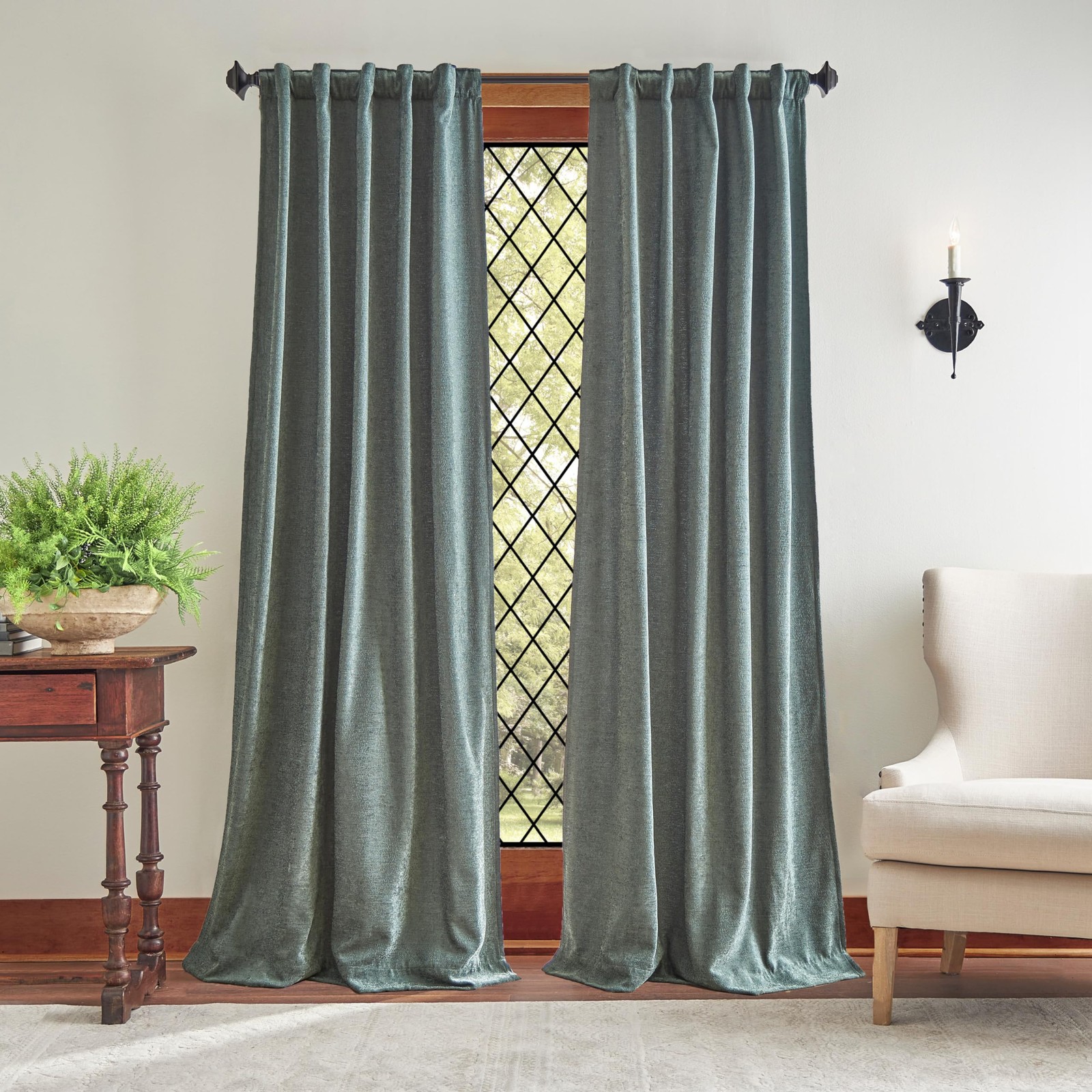 Martha Stewart Naples Chenille Curtain Panel Pair 95in Olive Green