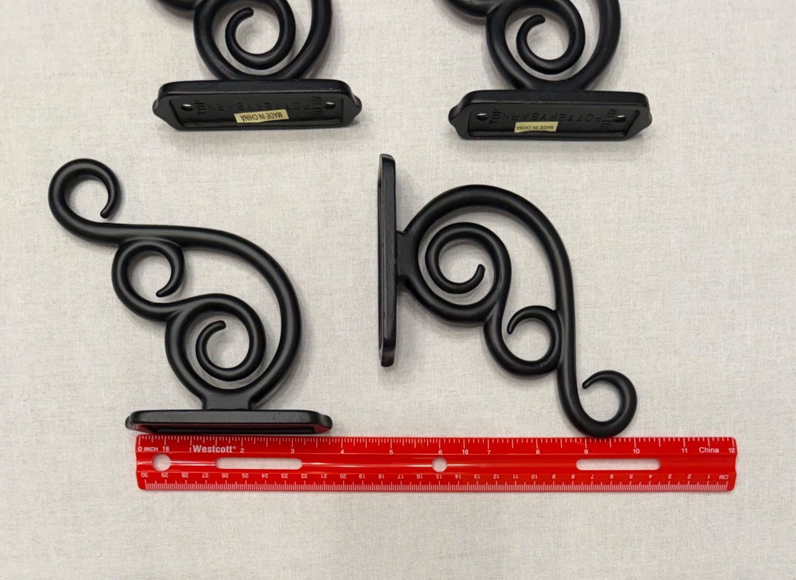 4 POTTERY BARN SWIRL SCROLL WALL BRACKETS OR CURTAIN ROD HOLDERS BLACK IRON