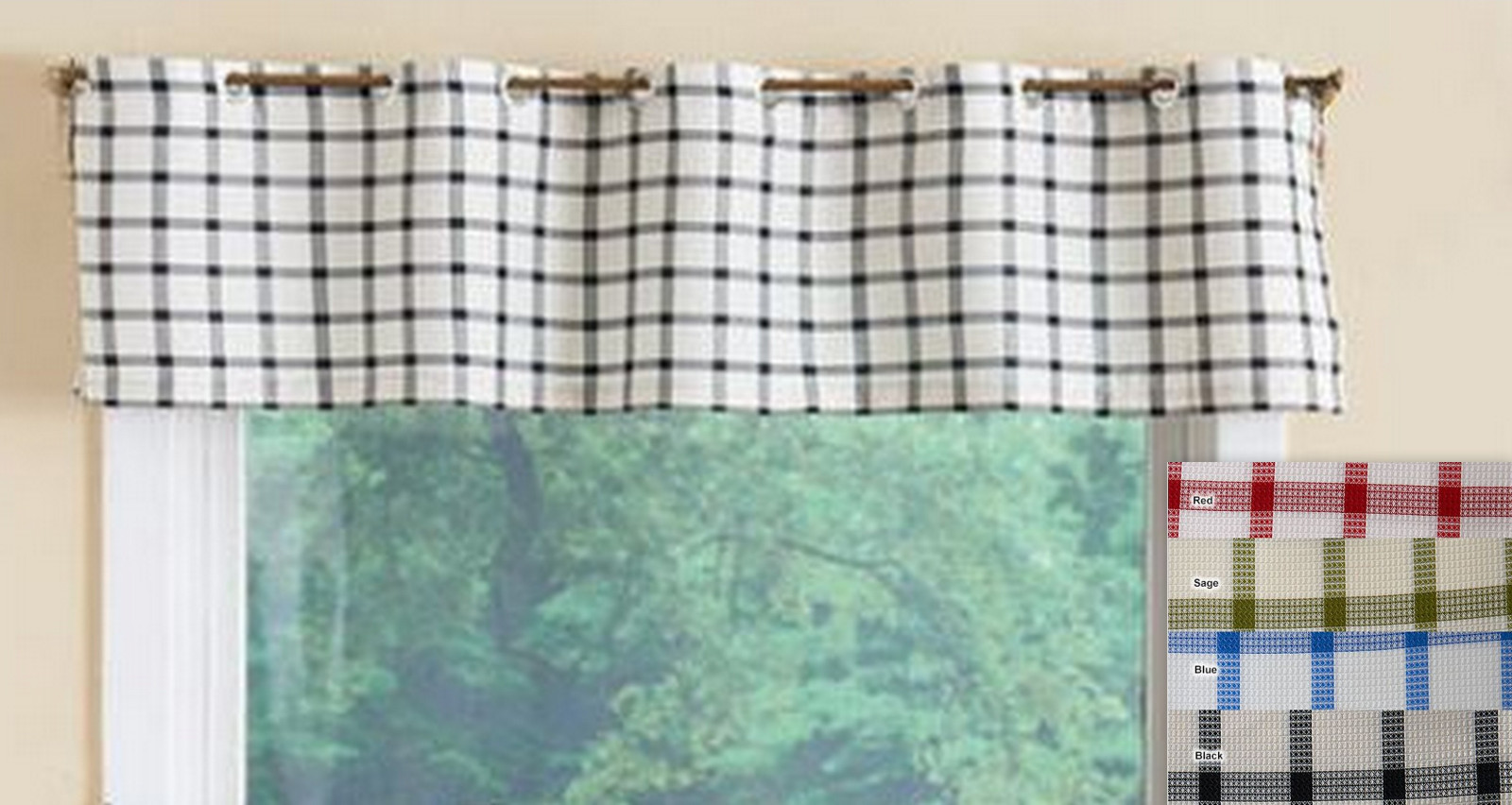 Plaid Grommet Window Valance, Classic W/Multiple Color Choices – 55″x12″ – NEW