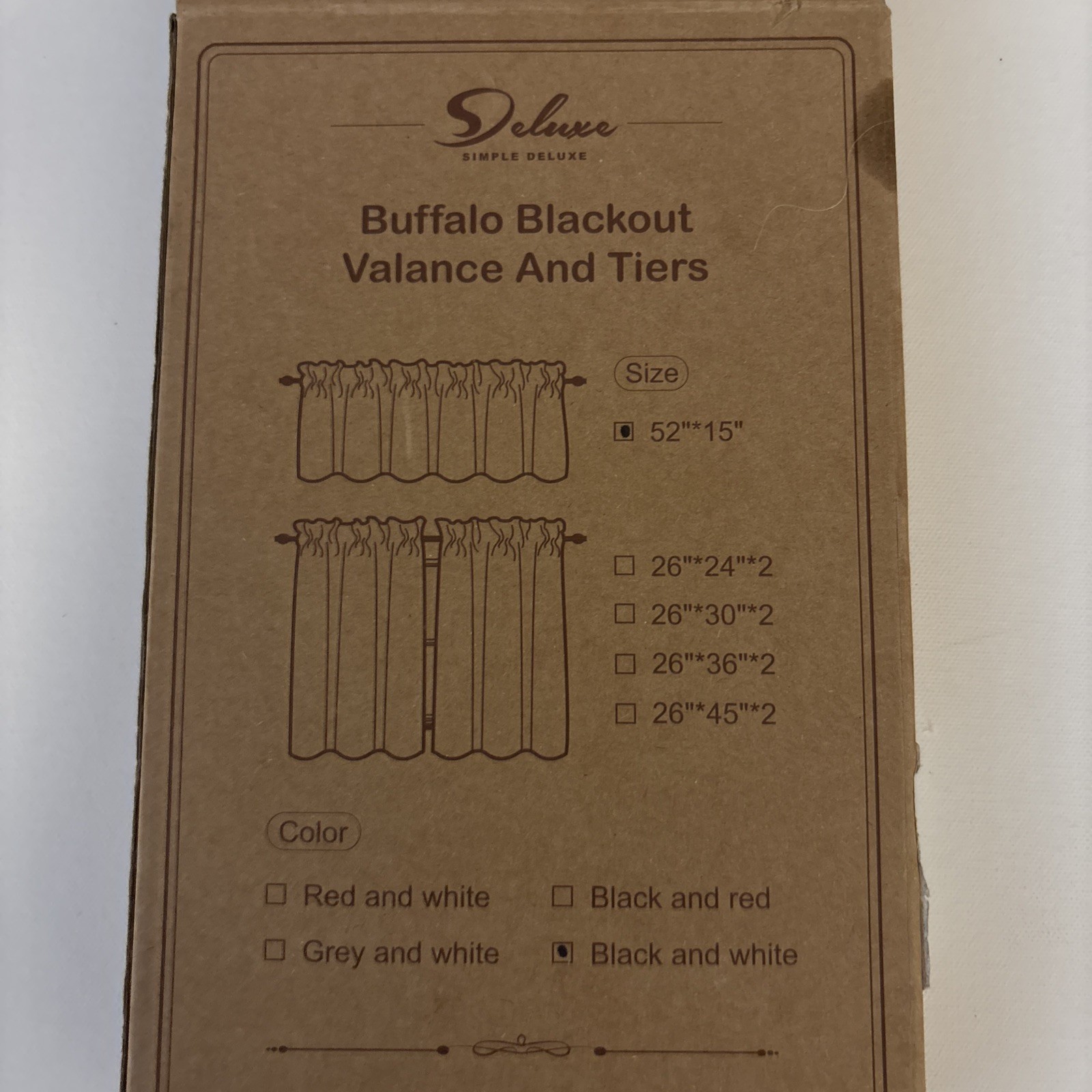 Simple Deluxe Buffalo Plaid Blackout Valance & Tiers 52”W x 15” White and Black