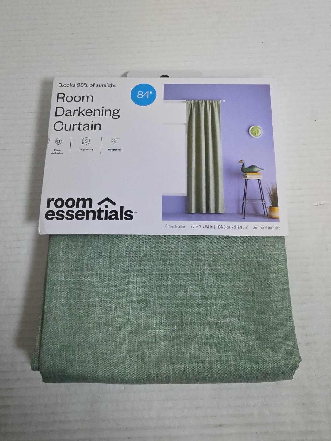 Room Essentials 84” Room Darkening Curtain Green Heather 42W X 84L New