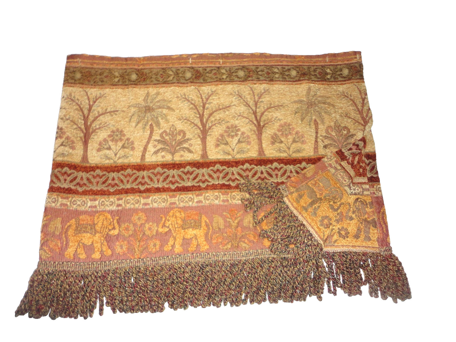 CROSCILL PALM TREES ELEPHANT FRINGED INDIA CHENILLE GOLD MAROON VALANCE 16X50