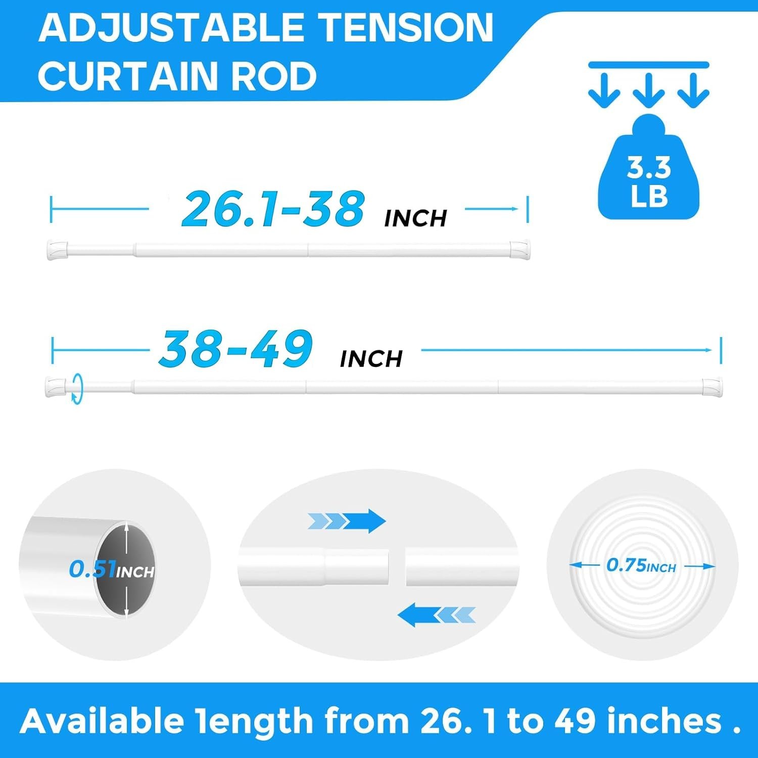 2 Pack White Spring Tension Curtain Rods 28-48 Inches Spring Loaded Curtain Rods