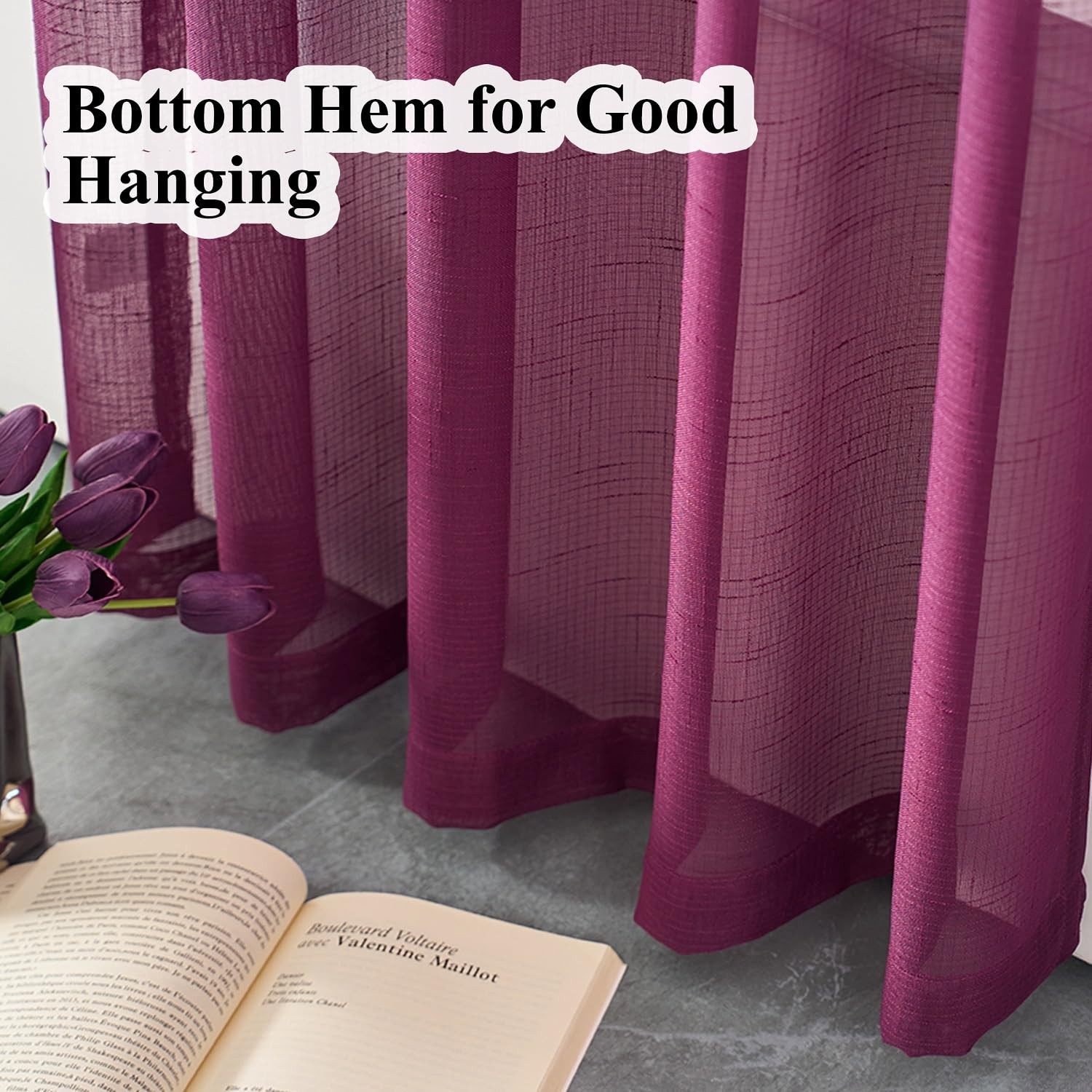 Ftinala Plum Purple Sheer 96 Inches Long Dark Linen Look Textured Light