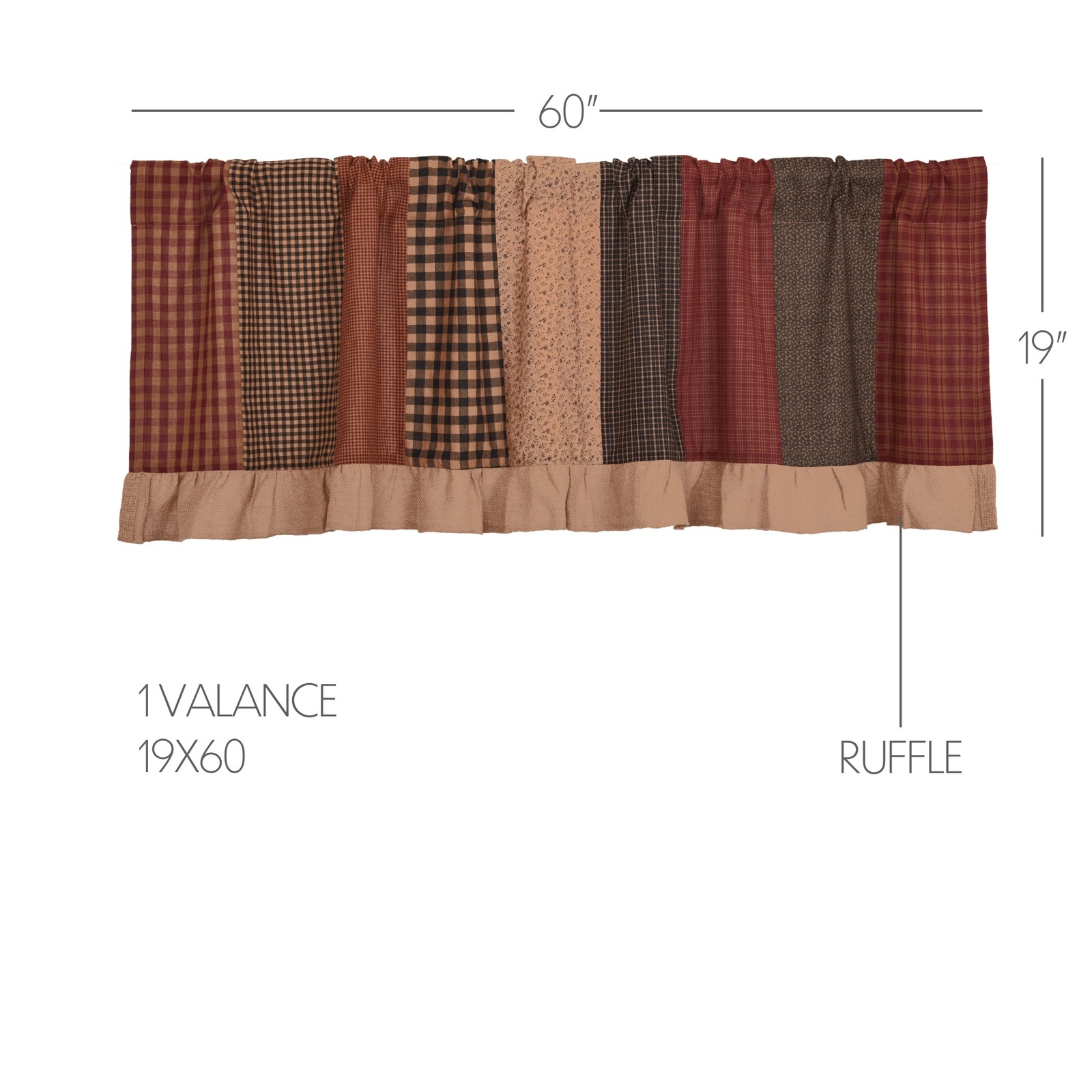 Primitive 19″x60″ Valance Red Rod Pocket Kitchen Window Curtains VHC Brands
