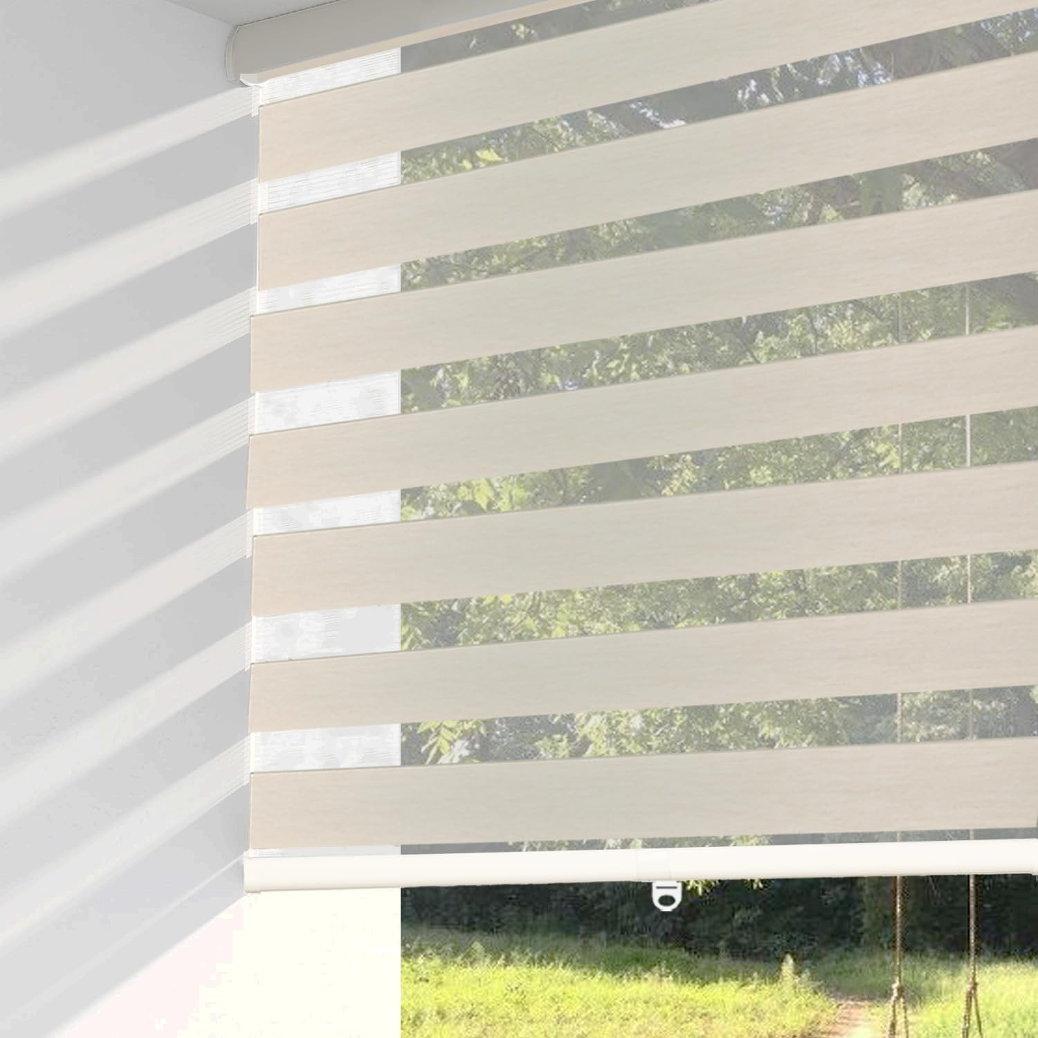 Cordless Zebra Blinds – Cream Light Filtering Dual-Layer Window Shades 55″x72