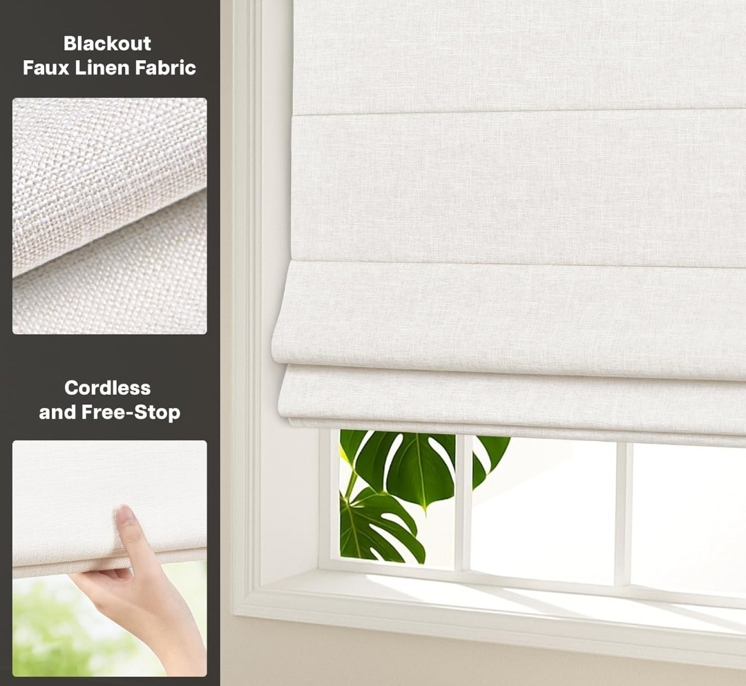 LazBlinds No Tools No Drill Cordless Roman Shades for Windows,24″ W x 60″H White